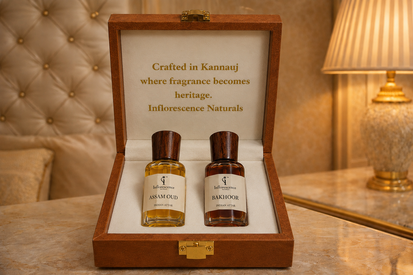 Assam Oud & Bakhoor Attar Gift Set - bottles in open wooden gift box
