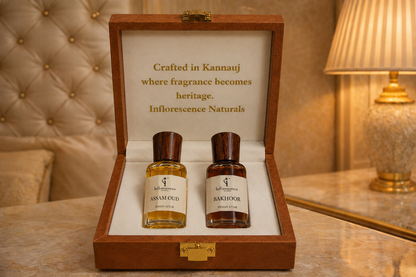 Assam Oud & Bakhoor Attar Gift Set - bottles in open wooden gift box